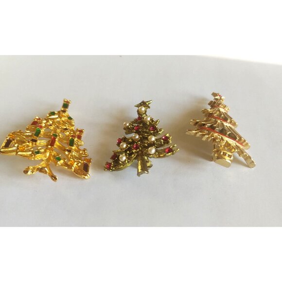 Christmas Tree Brooches (lot of three) Rhinestone, Faux Pearl & Enamel - Picture 14 of 15
